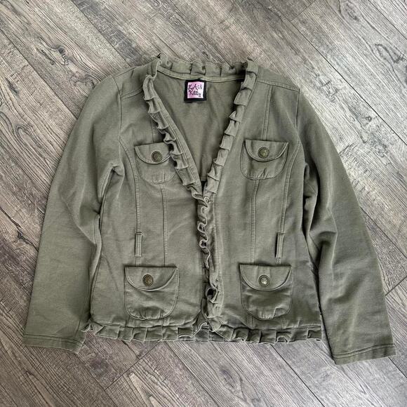 Vintage Y2K LA Kitty Ruffled Mini Blazer Cotton Green Jacket - Picture 4 of 8